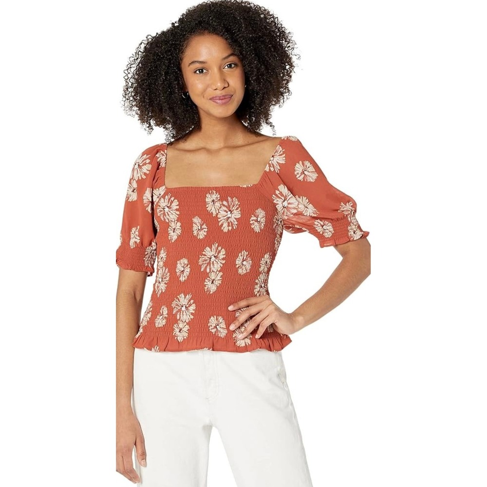Madewell Georgette Lucie Floral Smocked Top‎ Square Neck Puff Sleeve Rust Size M
